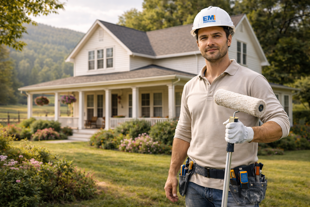 Maestro pintor de casas profesional frente a vivienda, evaluando trabajos de pintura a domicilio
