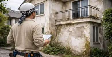 Pintor a domicilio profesional evaluando fachada de casa mal pintada antes de realizar trabajos de pintura