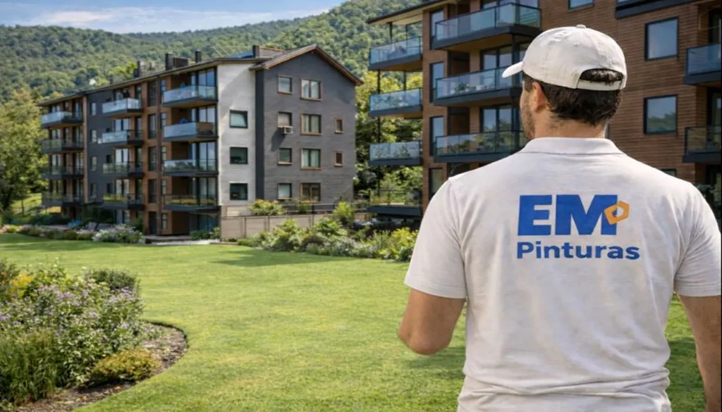 Pintor en Pucón evaluando trabajos de pintura desde jardín hacia condominios residenciales