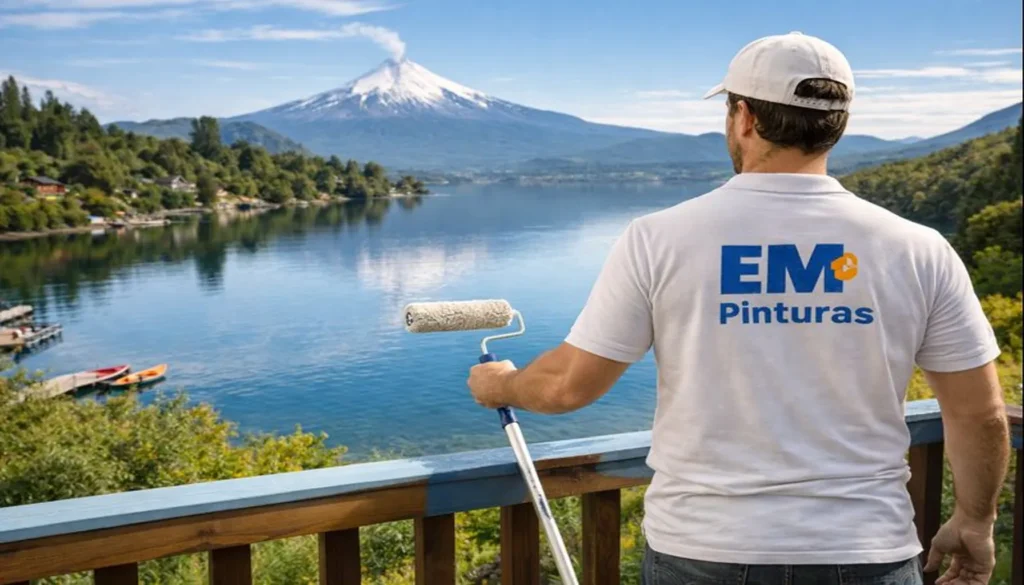 Pintor en Villarrica trabajando frente al Lago Villarrica con vista al volcán, servicio de pintura a domicilio